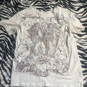 white dragon fly shirt, neck of the shirt is cut off